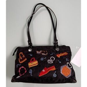 Brighton Black Embroidered Shoulder Tote Handbag Double Handle
